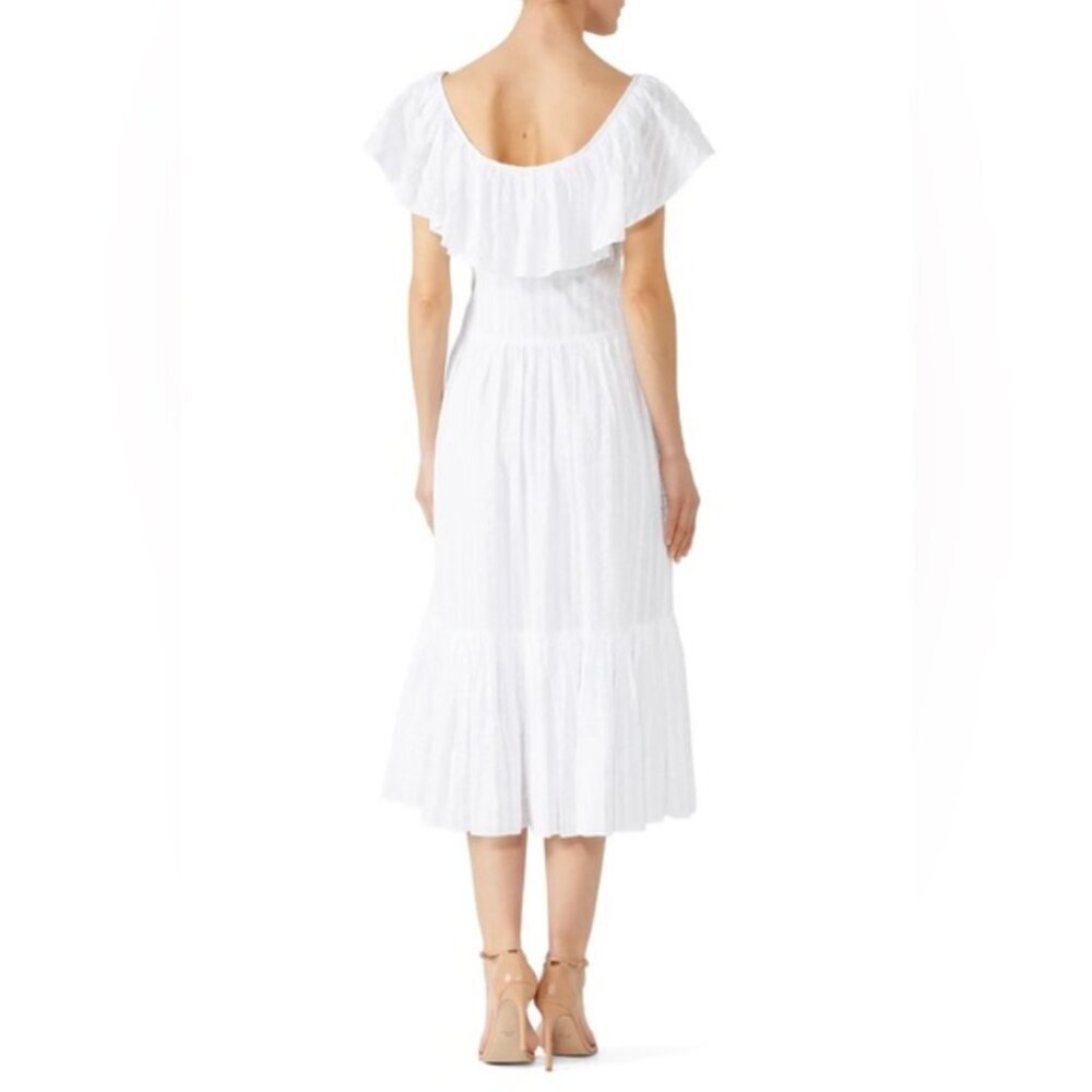 Tory Burch Off Shoulder White Cotton Seersucker Striped Ruffle Dress, size 2 - Picture 2 of 13